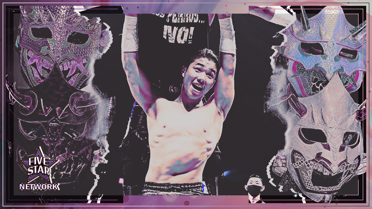 A picture of Takuma Fujiwara triumphantly holding up his opponent, surrounded by scary masks.